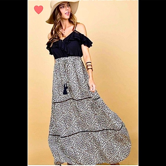 🍓Main Strip Long Maxi Dress Black off shoulder adjustable strap Cheetah Size S - Picture 1 of 11